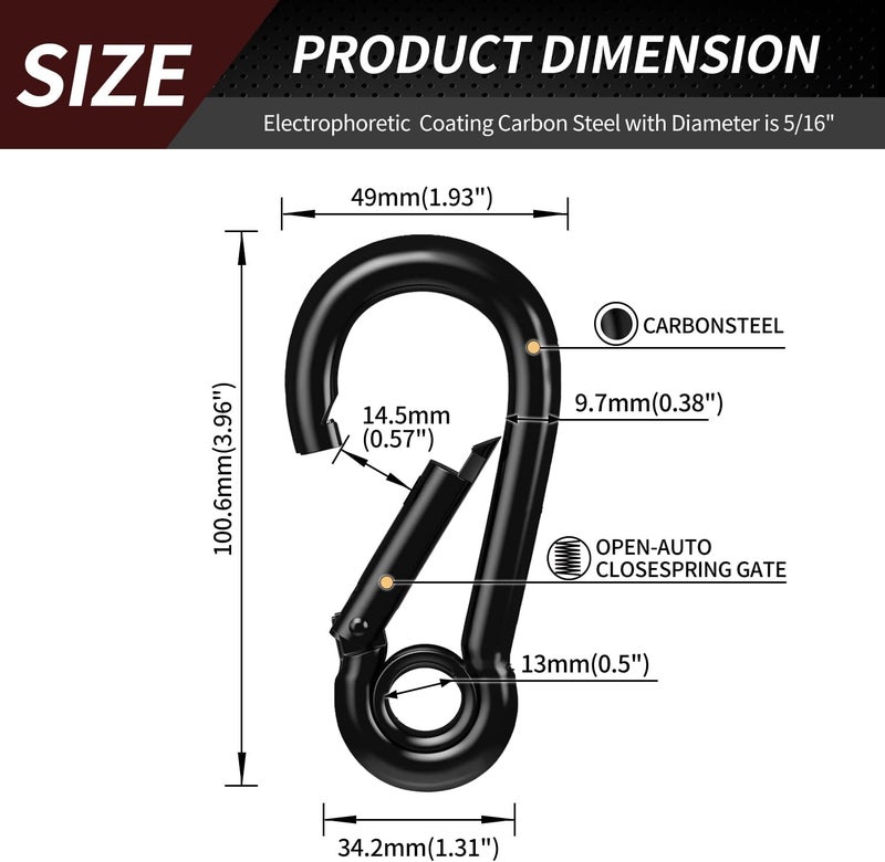 Manesi Spring Snap Hooks, Black Carabiner Clip, Heavy Duty Rope Connector, Quick Link Carabiners Spring Snap Hooks for Indoor & Outdoor, Camping, Fishing - Image 2